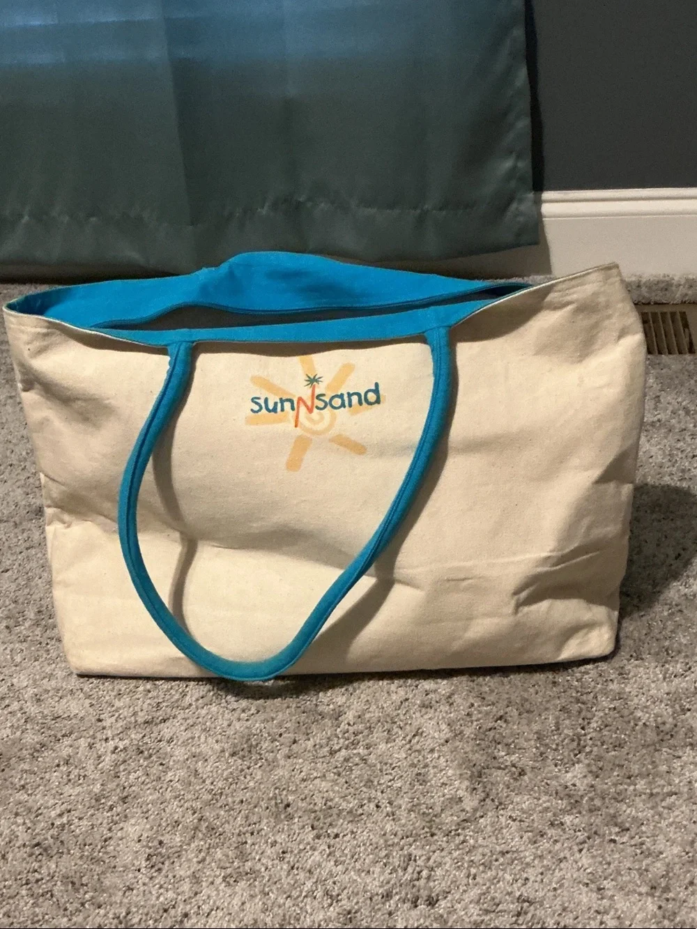 Canvas Tote Bag with Sunny Graphic - Beige and Blue